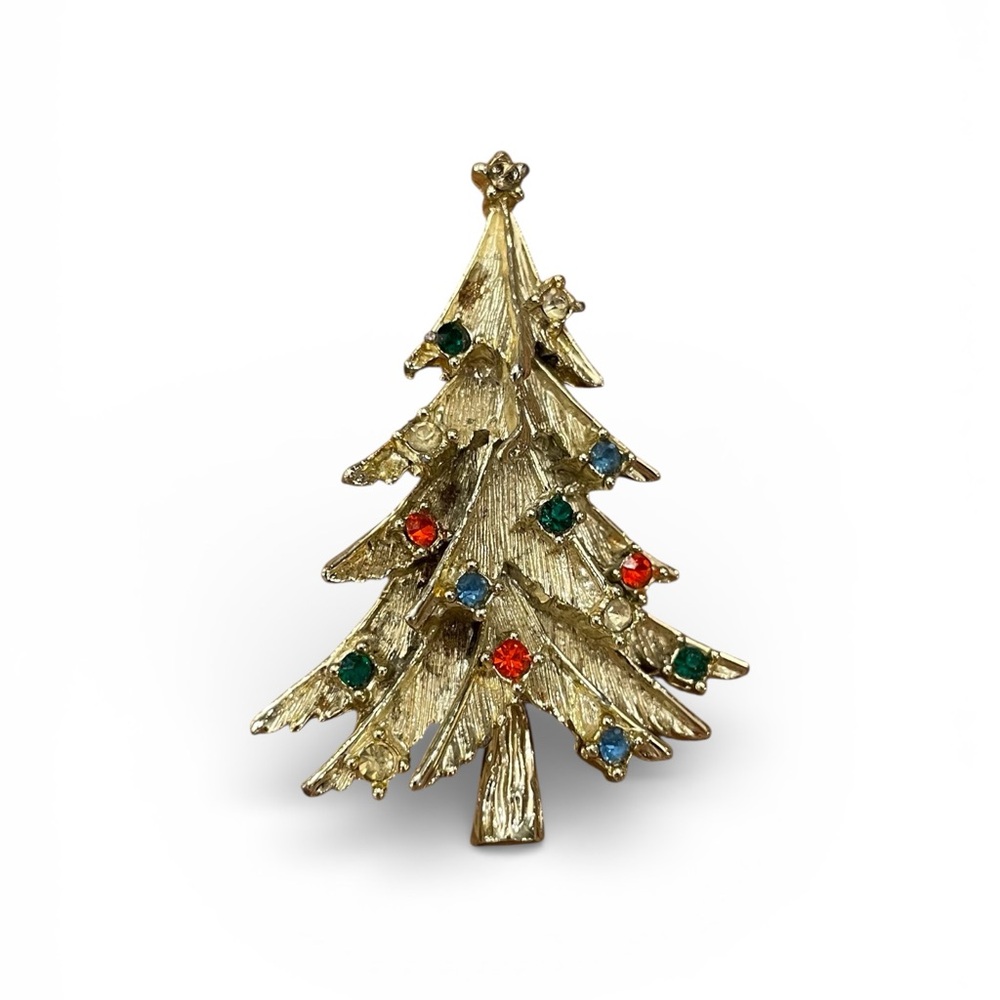 Christmas Tree Brooch Gold Tone‎ Colorful Rhinestones Holiday Woodland Festive
